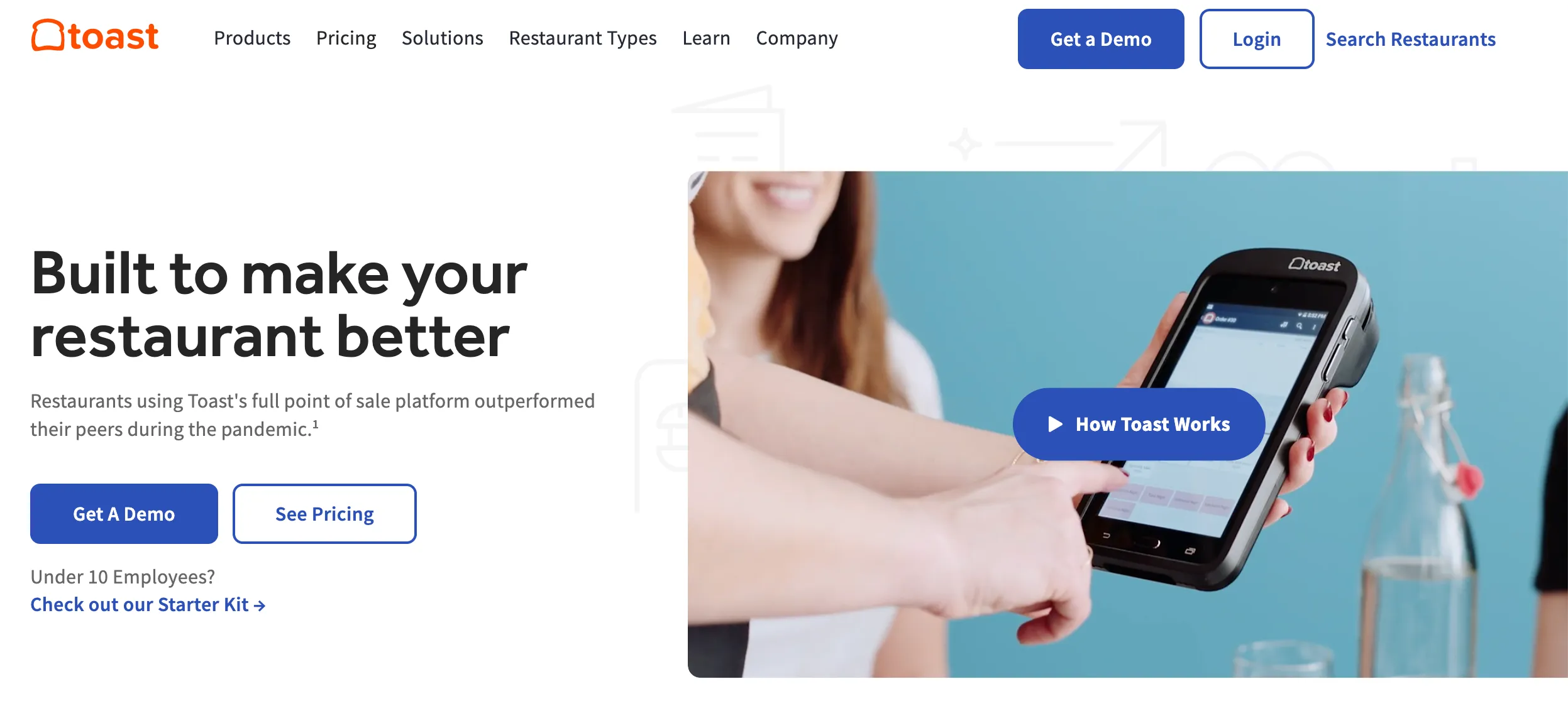 Toast homepage hero with a “How Toast Works” explainer video button over a photo of a handheld point of sale device