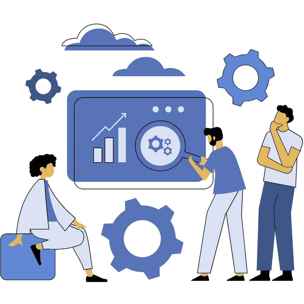 Illustration of three people analysing a rising bar chart on a screen with a magnifying glass, surrounded by gears