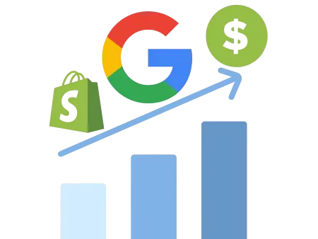 Illustration of the Shopify and Google logos above a rising bar chart with an arrow pointing to a dollar sign